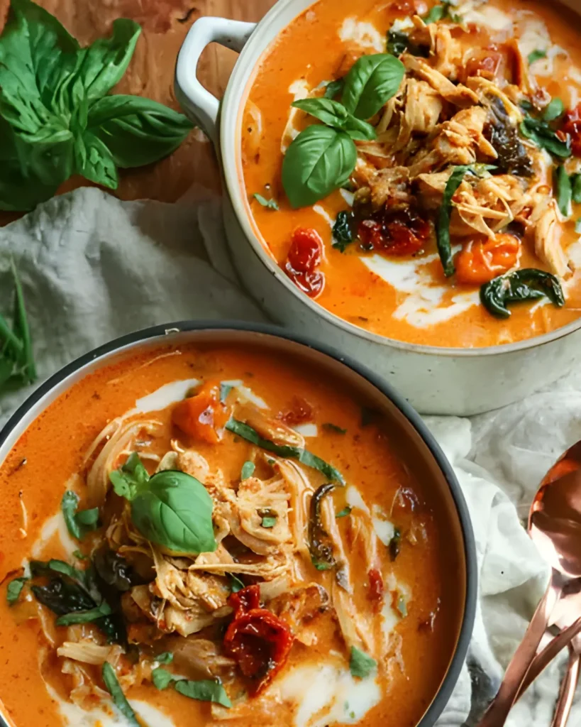 Whole30 Marry Me Chicken Soup with shredded chicken in creamy tomato broth topped with fresh basil