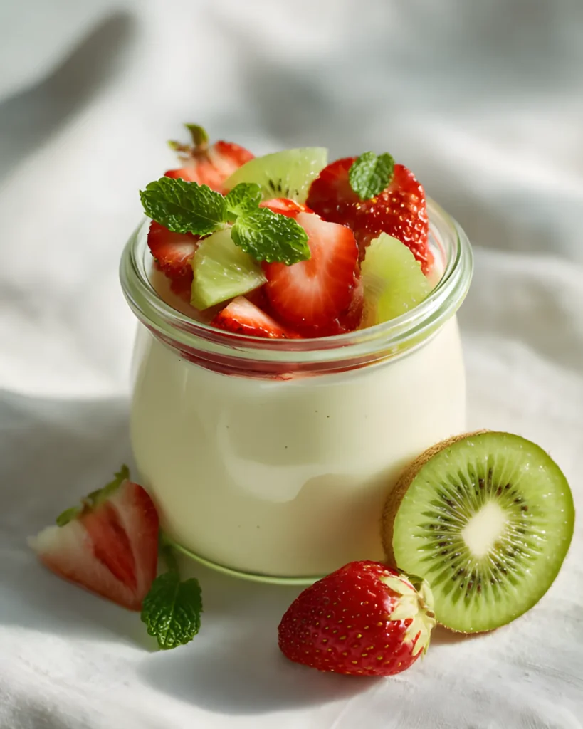 Yogurt panna cotta recipe topped with fresh strawberries, kiwi slices, and mint in a glass jar