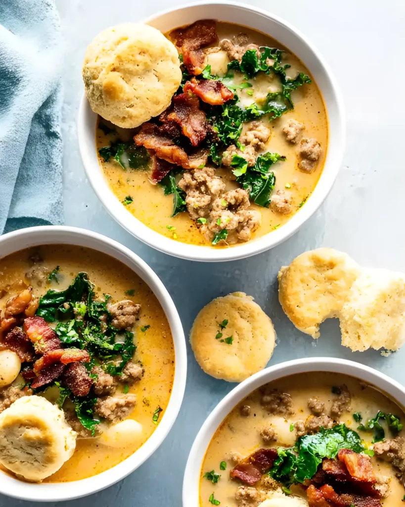Zuppa Toscana recipe with creamy broth, sausage, kale, and crispy bacon served with bread