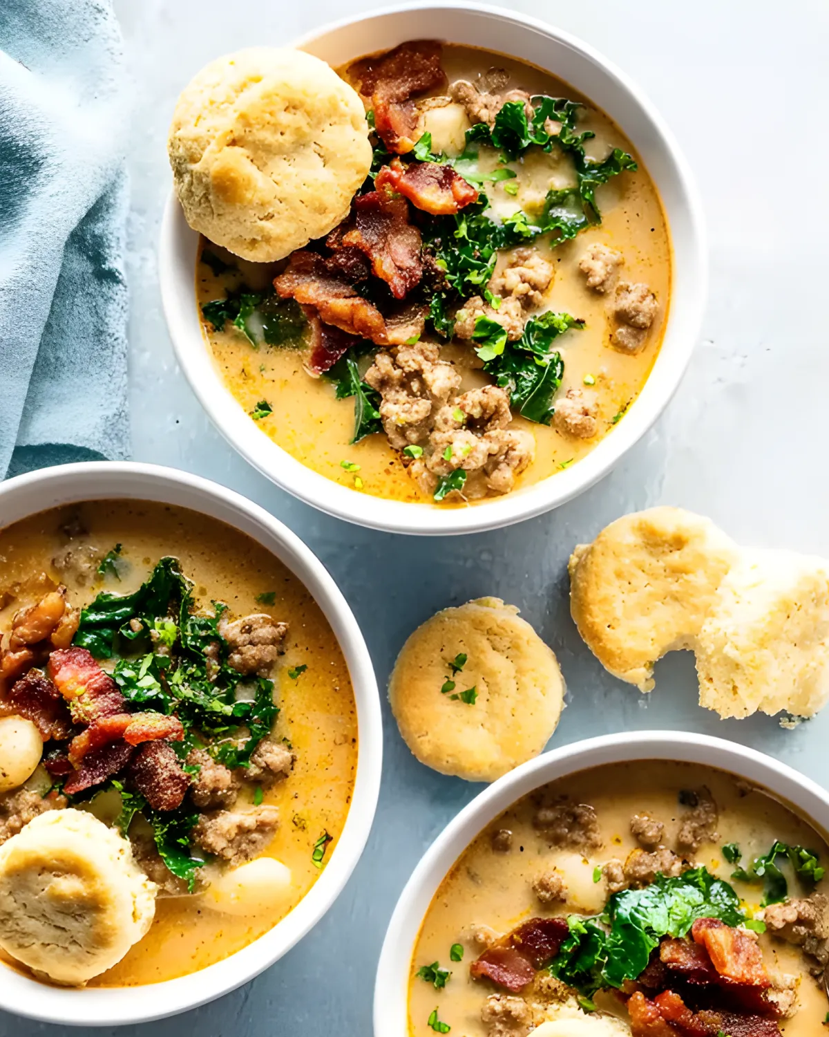 Zuppa Toscana recipe with creamy broth, sausage, kale, and crispy bacon served with bread