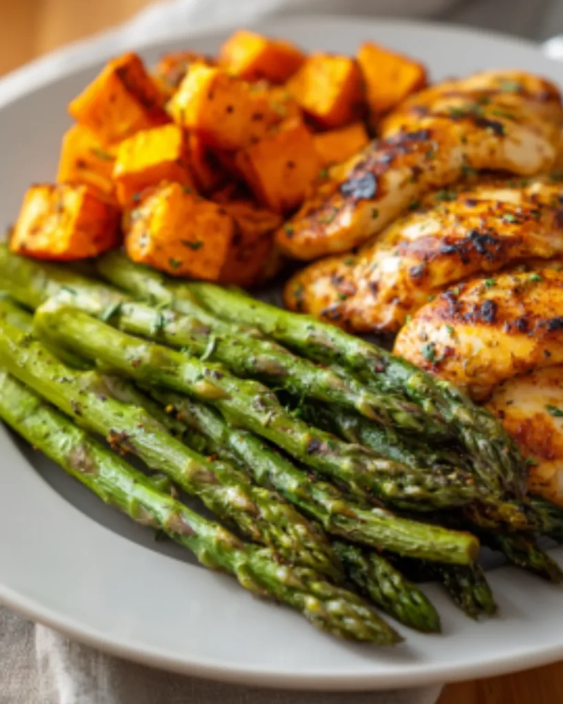 Air fryer asparagus recipes served with grilled chicken and roasted sweet potatoes on a dinner plate.
