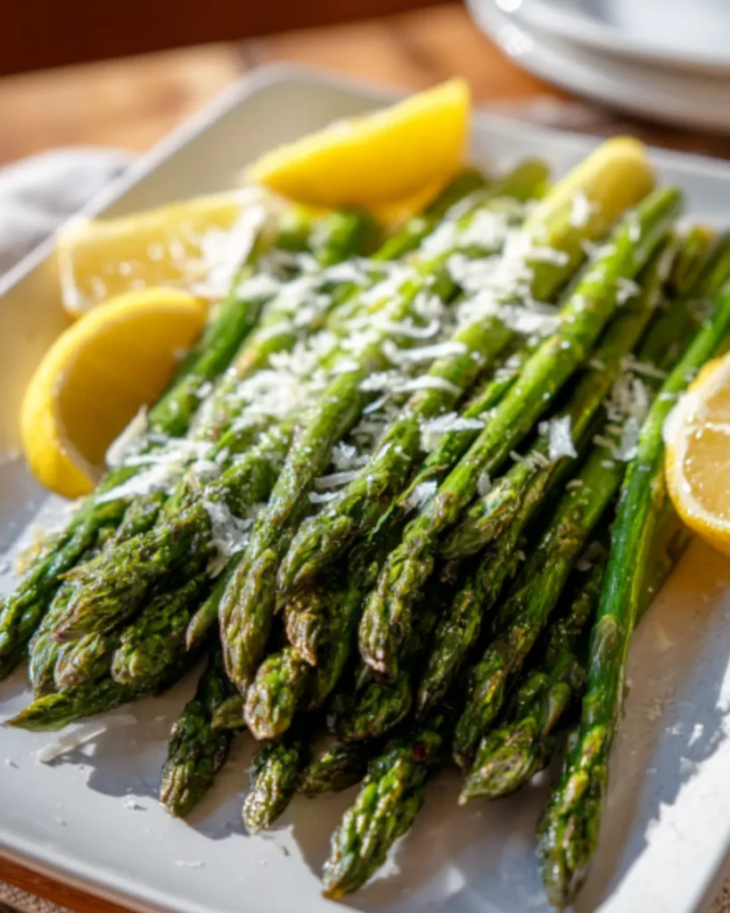 Crispy Asparagus recipes air fryer recipes topped with parmesan cheese and served with fresh lemon wedges on a white plate.