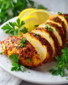Juicy air fryer chicken breast sliced and served with fresh parsley and lemon wedges on a white plate