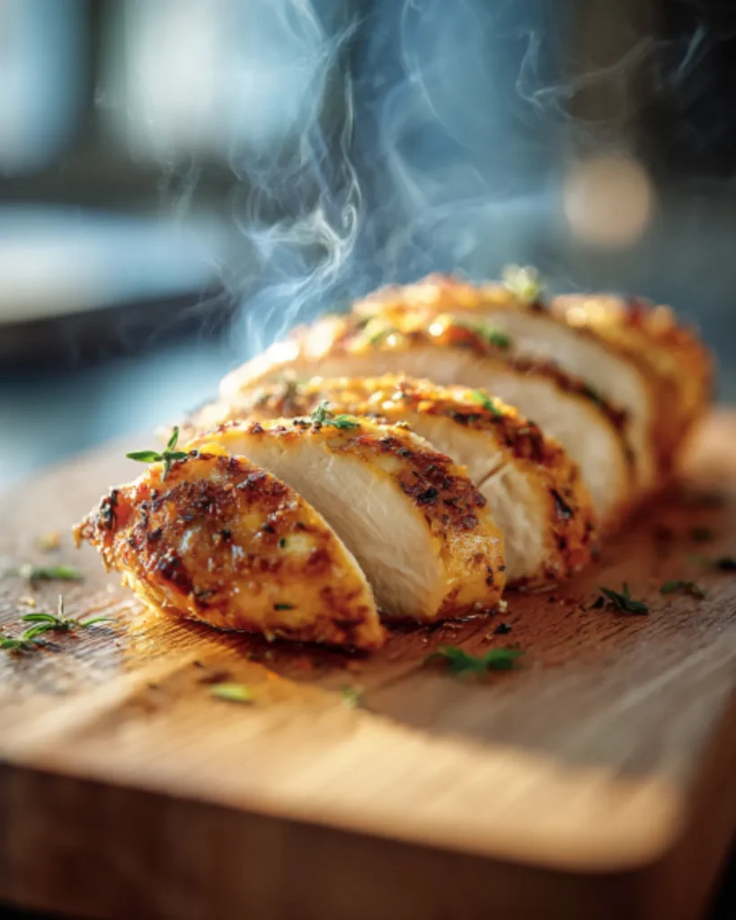 Sliced juicy chicken breast on cutting board from air fryer chicken breast recipes