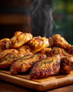 Crispy Air Fryer Chicken Cook Time and drumettes on a wooden board with visible steam showing hot freshly cooked chicken