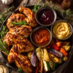Air fryer chicken wings platter served with dipping sauces, roasted vegetables, and fresh rosemary on a rustic table