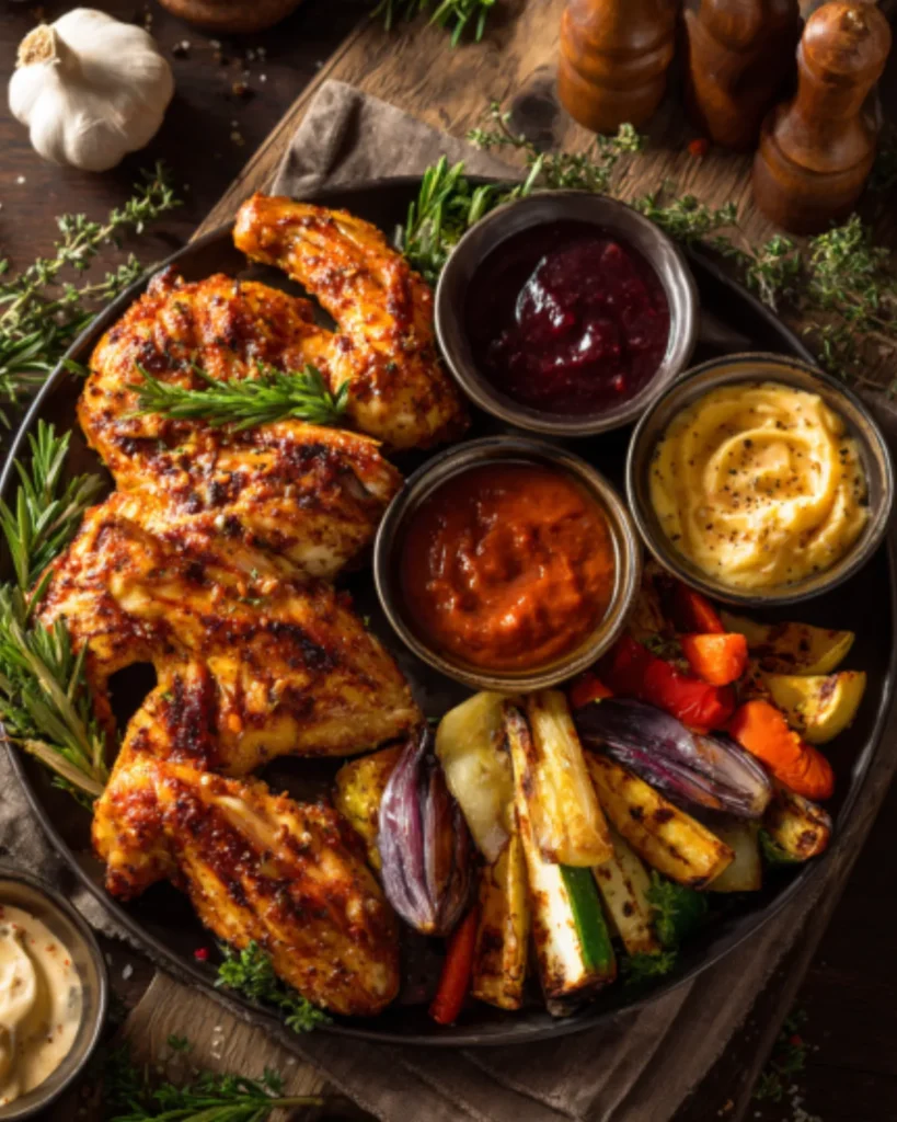 Air fryer chicken wings platter served with dipping sauces, roasted vegetables, and fresh rosemary on a rustic table