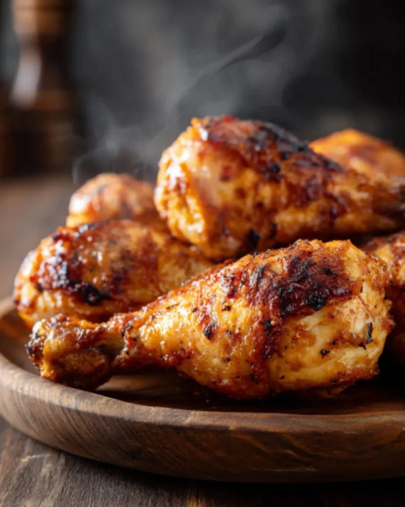 Crispy Air Fryer Chicken Drumsticks served on a wooden plate with smoky seasoning