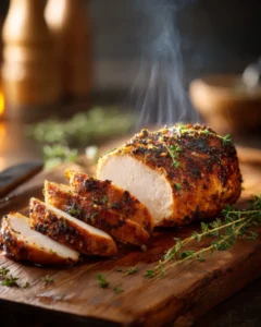 Air Fryer Chicken Dry style seasoned chicken breast sliced on a wooden cutting board with herbs and steam rising