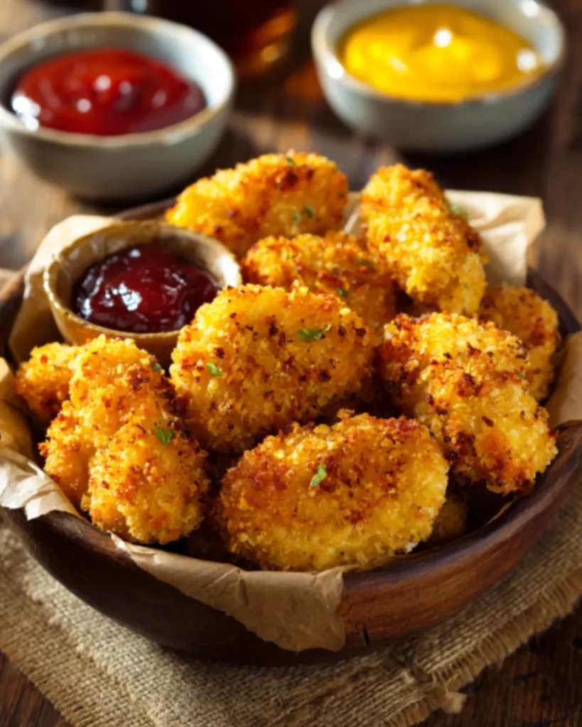 Crispy Air Fryer Chicken Nuggets served in a wooden bowl with dipping sauces