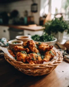 Air Fryer Chicken Recipes featuring crispy chicken wings served in a basket with dipping sauces in a cozy kitchen setting.