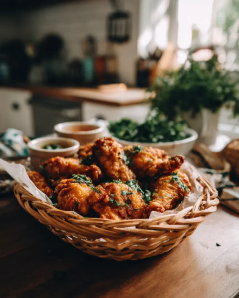 Air Fryer Chicken Recipes featuring crispy chicken wings served in a basket with dipping sauces in a cozy kitchen setting.