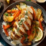 Air Fryer Chicken Recipes featuring sliced chicken breast served over rice with roasted carrots, potatoes, lemon wedges, and creamy sauce.