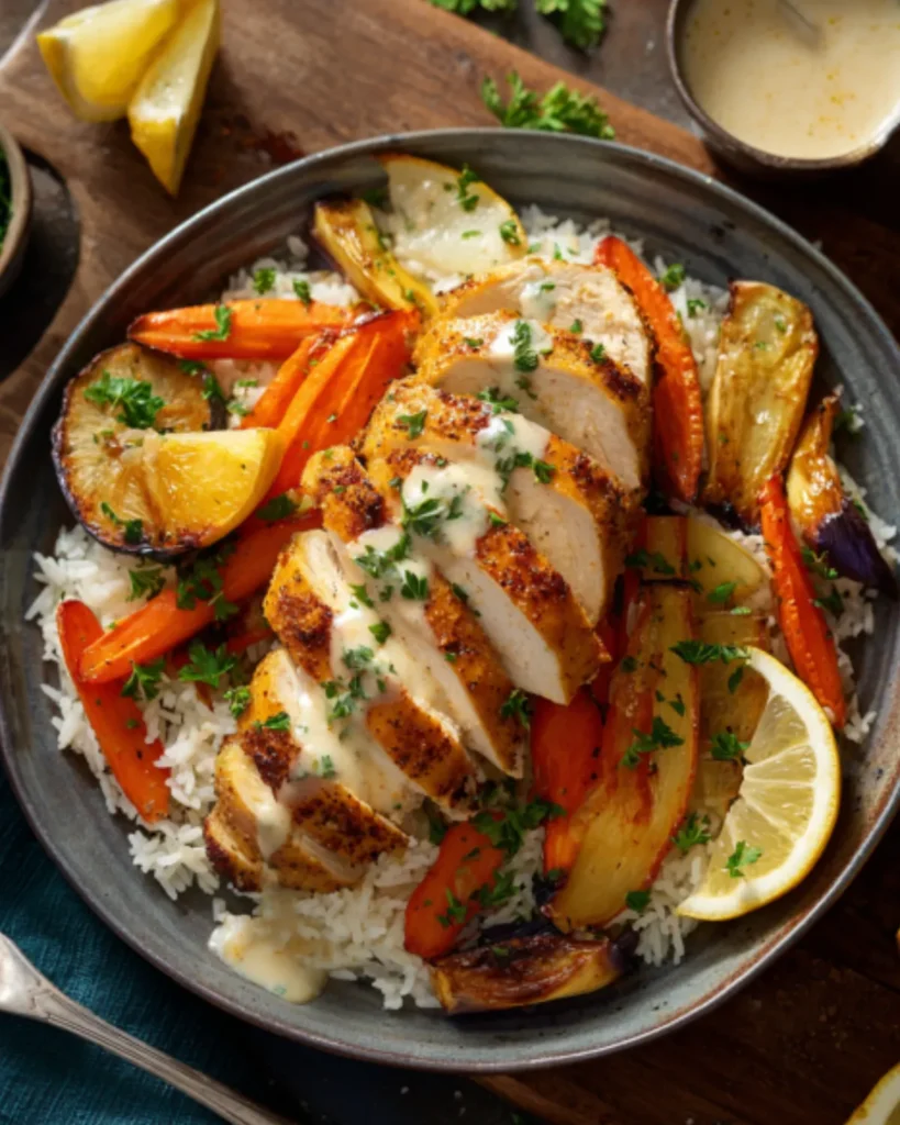 Air Fryer Chicken Recipes featuring sliced chicken breast served over rice with roasted carrots, potatoes, lemon wedges, and creamy sauce.