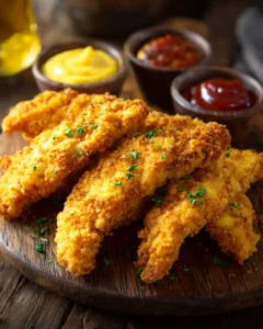 Crispy golden air fryer chicken tenders served with dipping sauces on a wooden platter