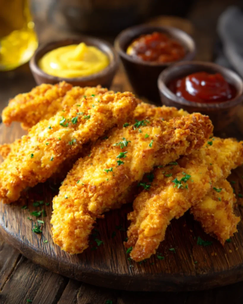 Crispy golden air fryer chicken tenders served with dipping sauces on a wooden platter
