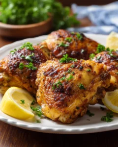 Crispy air fryer chicken thighs garnished with parsley and served with fresh lemon wedges on a white plate