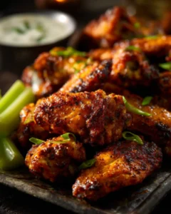 Crispy air fryer chicken wings garnished with green onions and served with celery sticks and dipping sauce