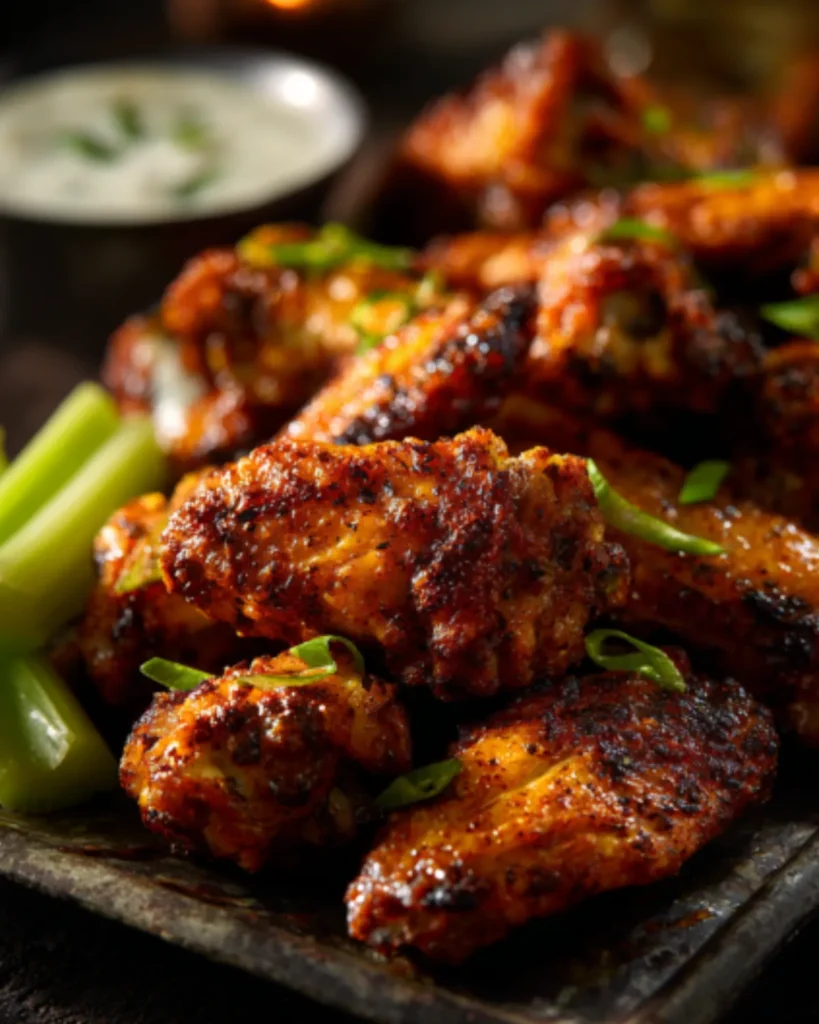 Crispy air fryer chicken wings garnished with green onions and served with celery sticks and dipping sauce