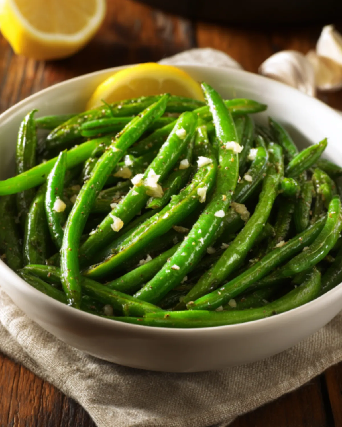 Air fryer green beans seasoned with garlic and lemon served in a white bowl