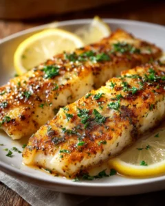 Air fryer halibut recipes featuring golden seasoned halibut fillets with lemon slices and fresh herbs on a white plate.