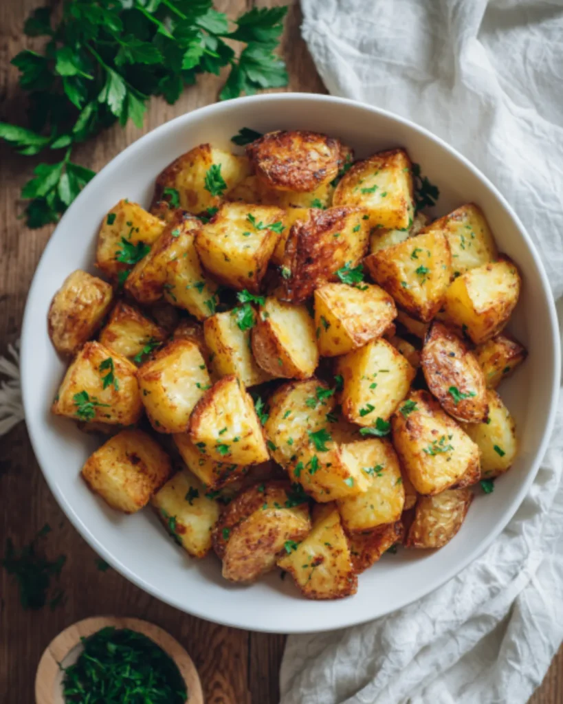 Air fryer potatoes served crispy and golden brown with fresh parsley in a white bowl.