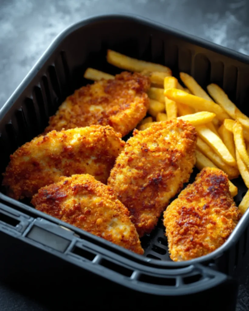 Crispy chicken tenders and fries in air fryer basket showing air fryer recipe timing chart results