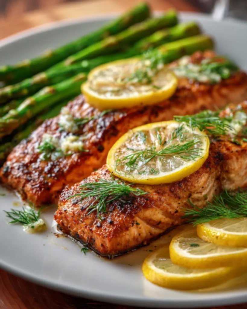 Air Fryer Salmon Recipes served with roasted asparagus, fresh lemon slices, and dill seasoning on a white plate.