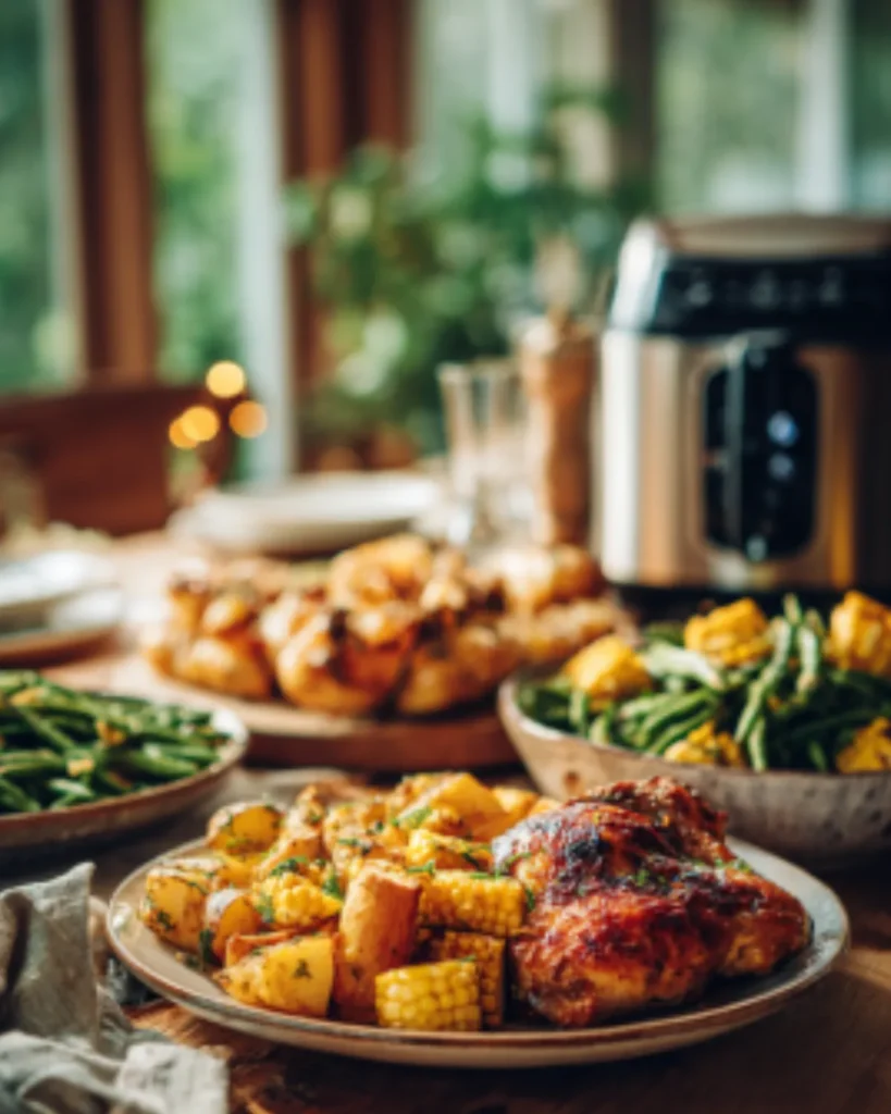 Air fryer sides for chicken featuring roasted potatoes, corn, green beans, and zucchini served with crispy chicken near an air fryer.