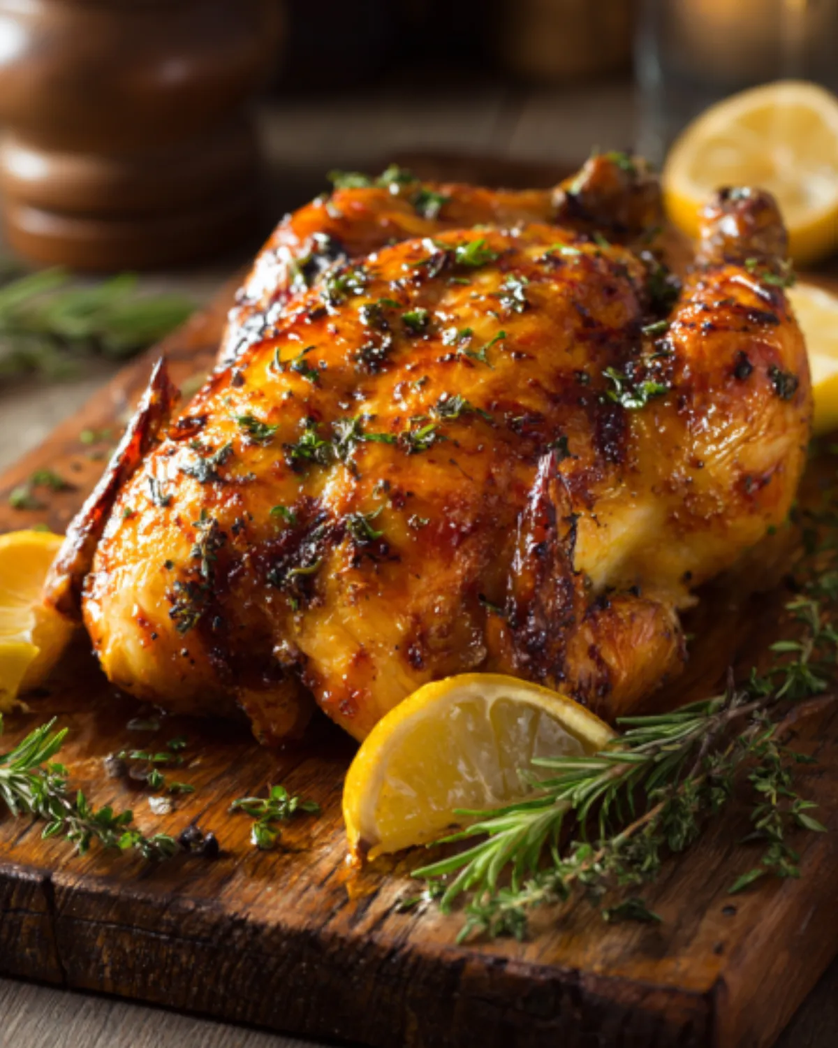 Air fryer whole chicken served golden and juicy with lemon slices, rosemary, and fresh herbs.