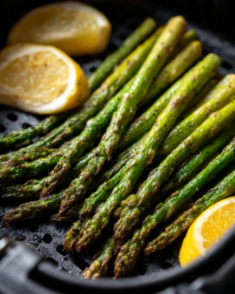Asparagus in air fryer with lemon slices, roasted and slightly crispy tips