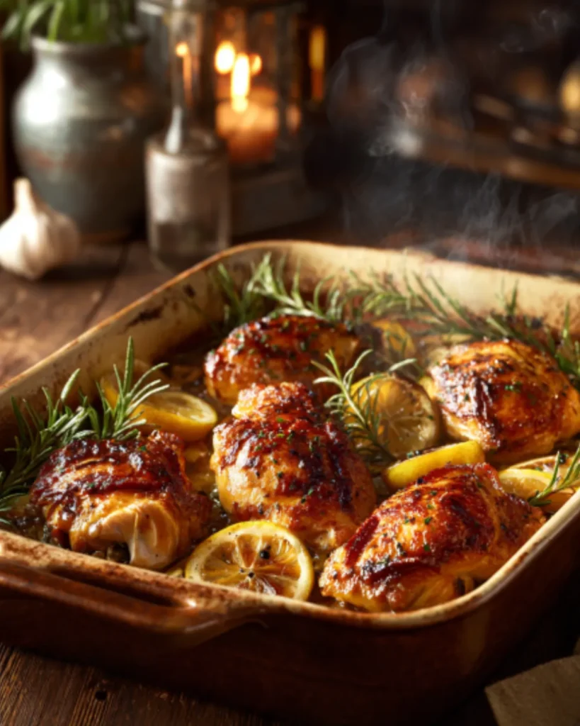 Baked chicken recipes featuring juicy roasted chicken thighs with lemon slices and fresh rosemary in a rustic baking dish.