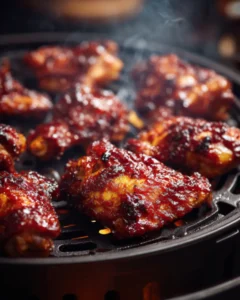 BBQ Chicken Air Fryer wings with a crispy caramelized glaze cooking in an air fryer basket