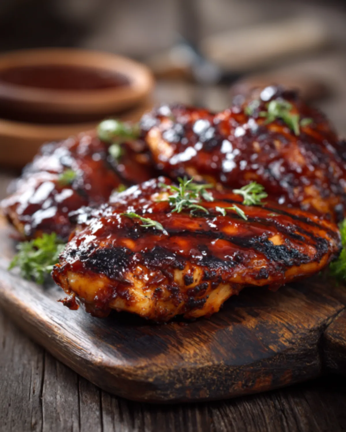 Juicy BBQ chicken recipe with caramelized sauce served on a wooden board