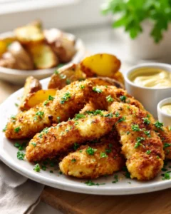 Best air fryer recipes featuring crispy golden chicken tenders with roasted potatoes, fresh parsley, and creamy dipping sauce.