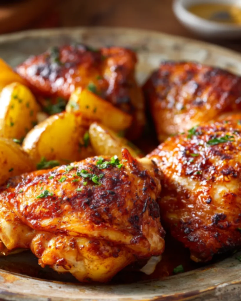 Bone in chicken thigh recipes featuring crispy roasted chicken thighs served with golden potato wedges on a rustic plate.