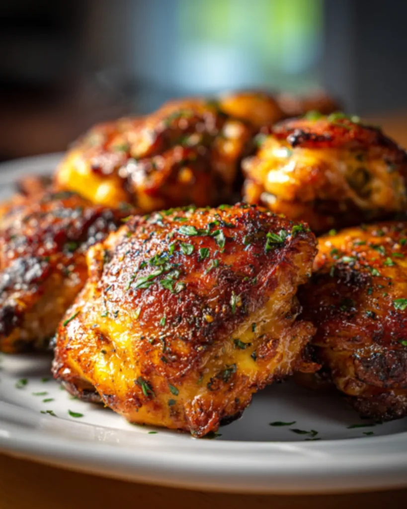 Crispy and juicy boneless chicken thigh recipes air fryer style served on a white plate with herbs