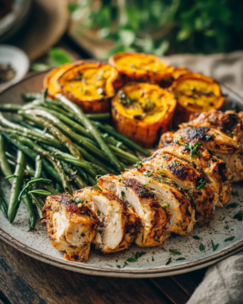 Sliced boneless chicken thigh recipes air fryer served with green beans and roasted squash on a dinner plate