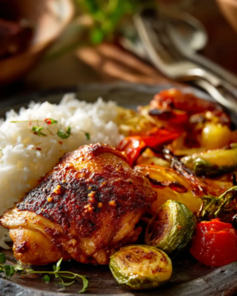 Boneless chicken thigh recipes featuring crispy roasted chicken thighs served with white rice and roasted vegetables.