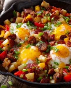 Breakfast Meats skillet with fried eggs, crispy bacon, sausage, potatoes, bell peppers, and green onions.