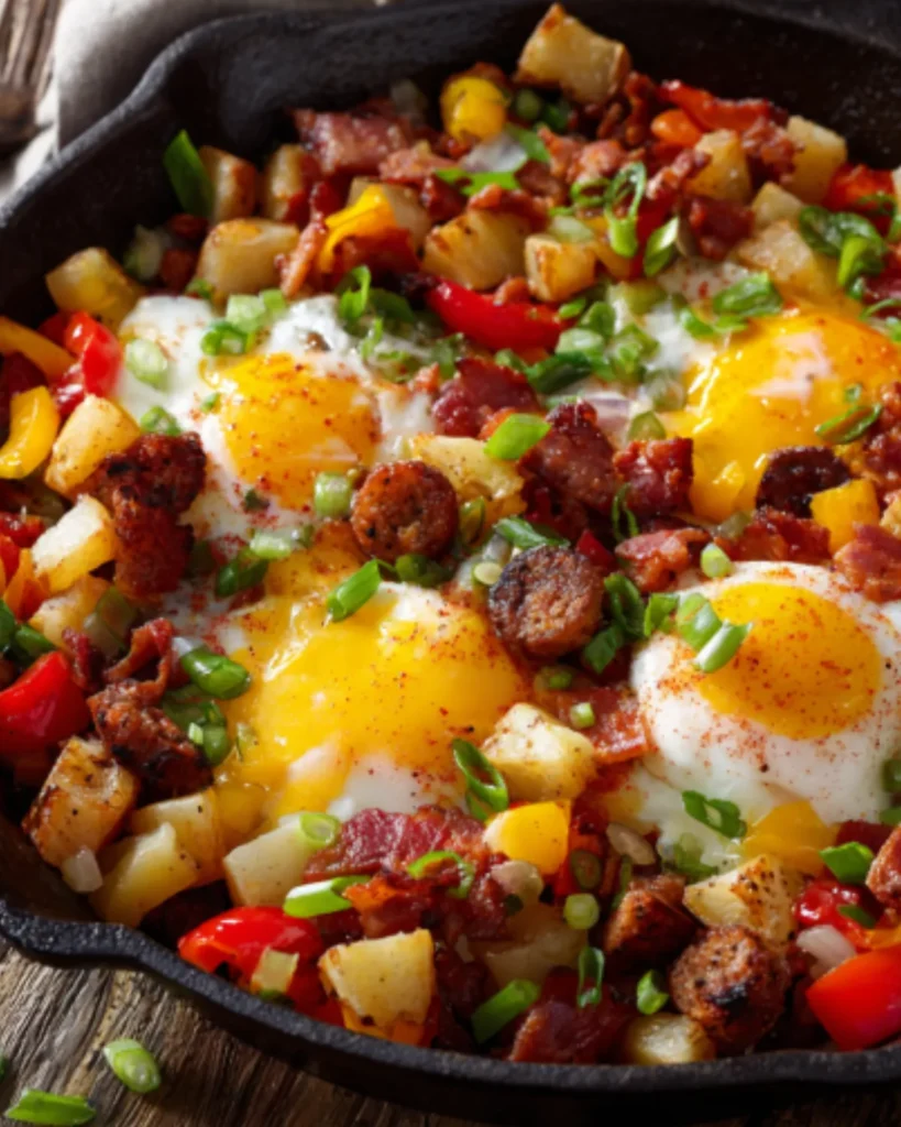 Breakfast Meats skillet with fried eggs, crispy bacon, sausage, potatoes, bell peppers, and green onions.
