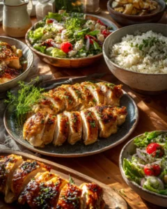 Chicken recipes featuring sliced grilled chicken with rice, fresh salad, herbs, and roasted potatoes on a rustic wooden table.