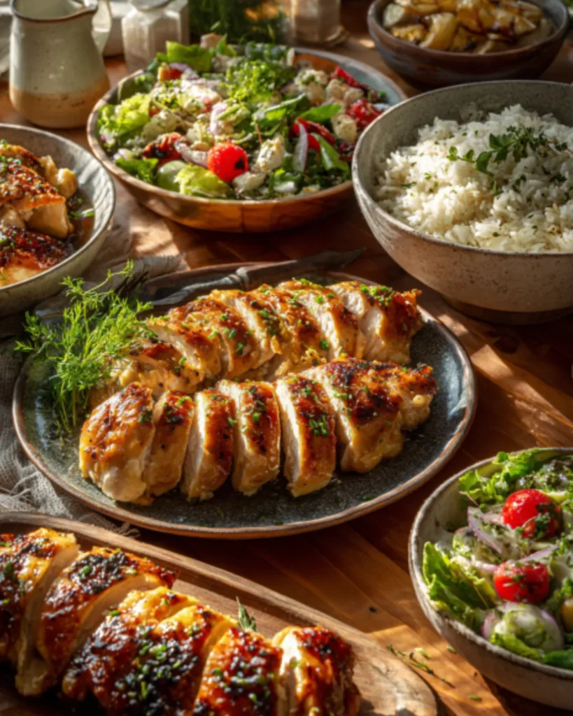 Chicken recipes featuring sliced grilled chicken with rice, fresh salad, herbs, and roasted potatoes on a rustic wooden table.