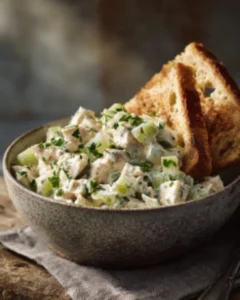 Creamy chicken salad recipe served in a rustic bowl with toasted bread and fresh herbs