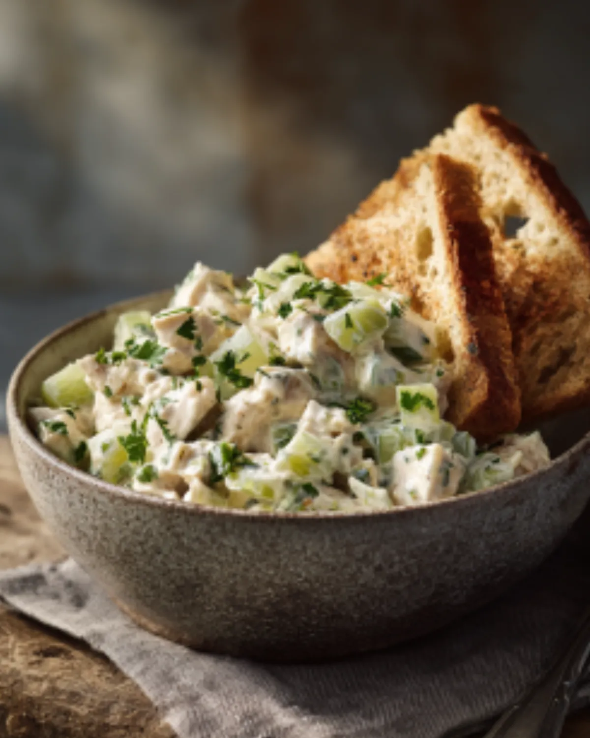 Creamy chicken salad recipe served in a rustic bowl with toasted bread and fresh herbs
