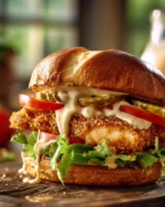 Chicken sandwich air fryer recipe with crispy breaded chicken, melted cheese, tomato, pickles, and lettuce on a toasted bun.