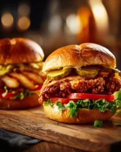 Chicken Sandwich Recipe with crispy fried chicken, pickles, lettuce, and tomato on a toasted brioche bun.