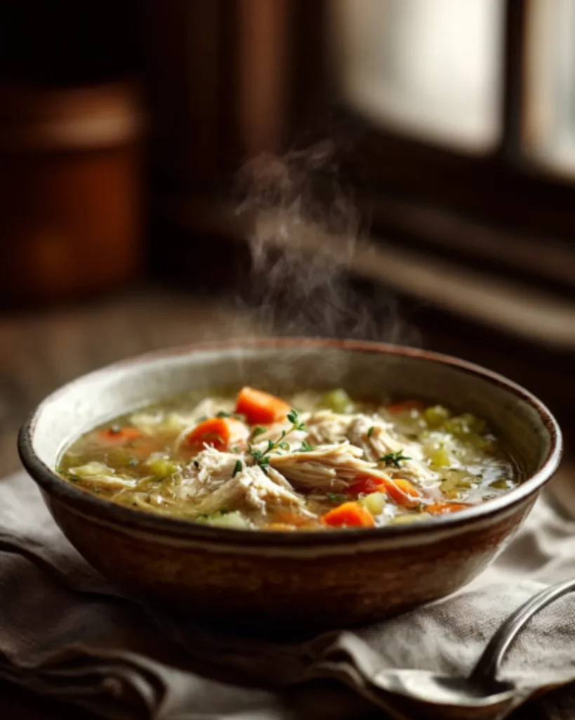 Steaming bowl of homemade chicken soup with tender chicken, carrots, herbs, and vegetables served warm.