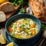 Chicken soup served in a blue bowl with shredded chicken, carrots, herbs, bread, lemon wedges, and parsley.