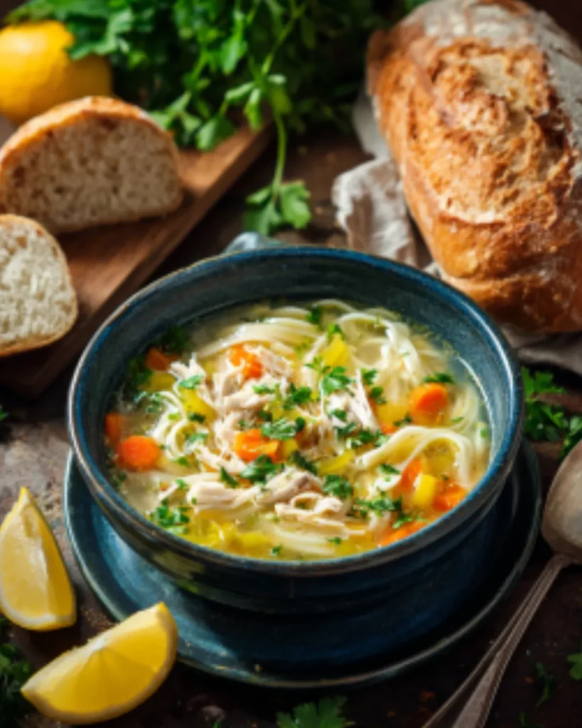 Chicken soup served in a blue bowl with shredded chicken, carrots, herbs, bread, lemon wedges, and parsley.